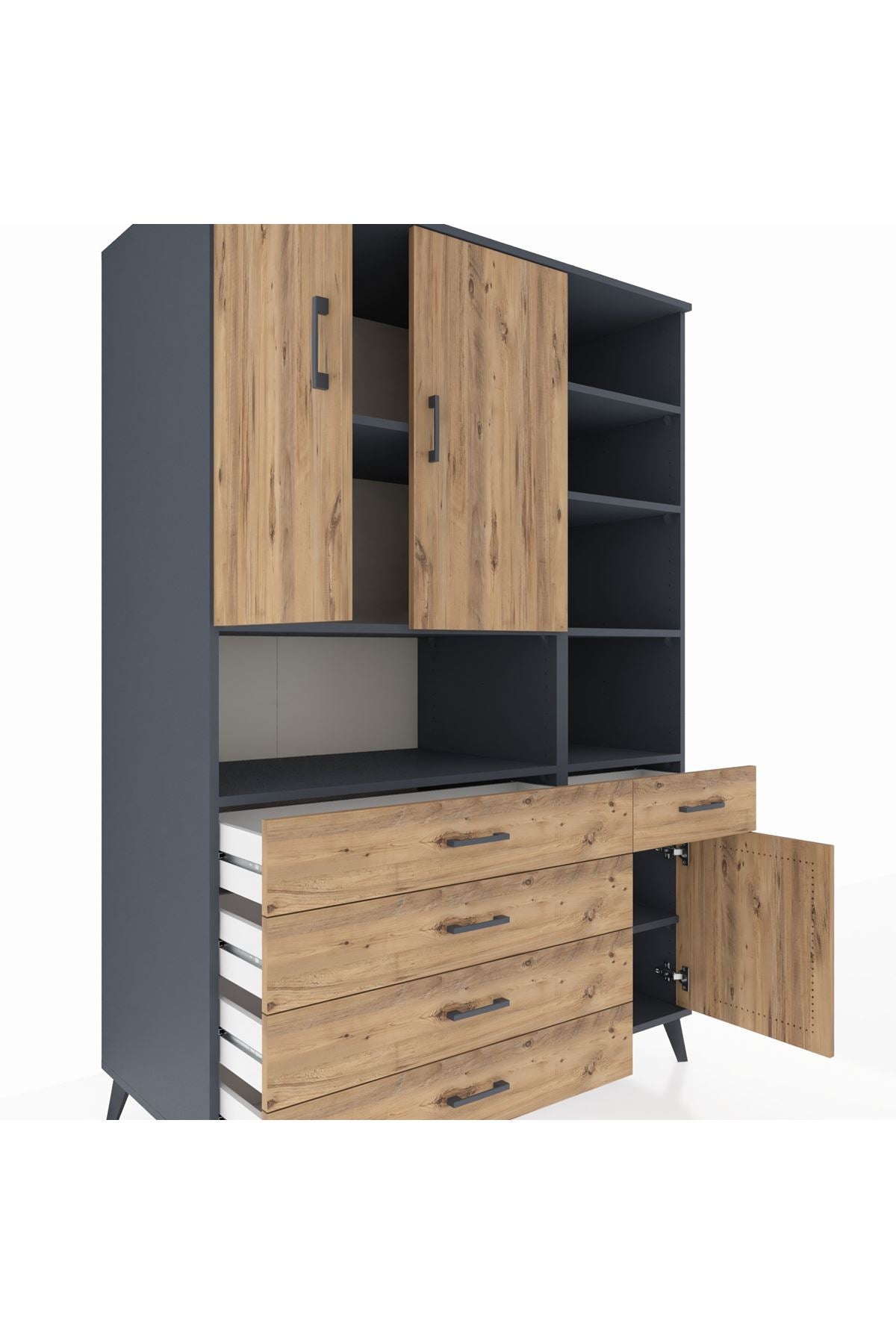 Kronos Dolap 8 Raflı 5 Çekmeceli 3 Kapaklı 132x59x195 Antrasit-Çam/Çam