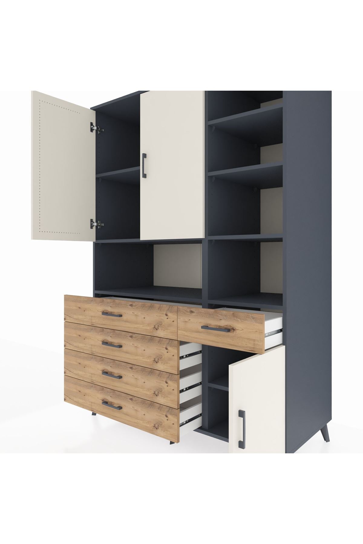 Kronos Dolap 8 Raflı 5 Çekmeceli 3 Kapaklı 132x59x195 Antrasit-Aytaşı/Çam