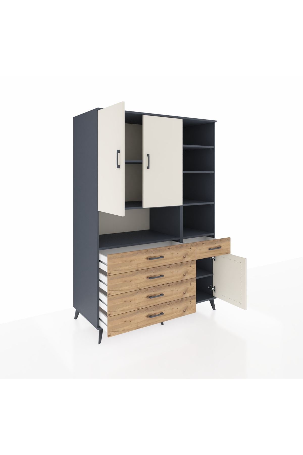 Kronos Dolap 8 Raflı 5 Çekmeceli 3 Kapaklı 132x59x195 Antrasit-Aytaşı/Çam