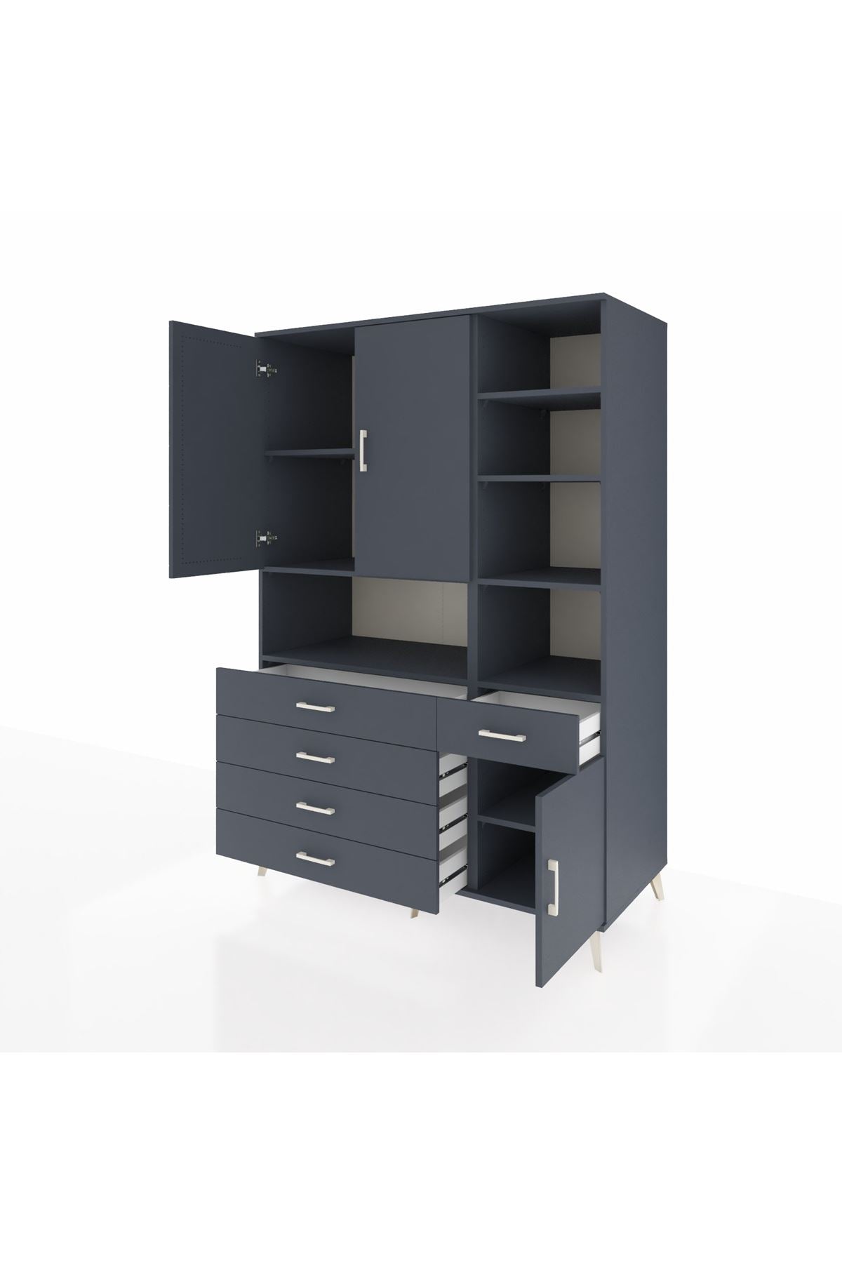 Kronos Dolap 8 Raflı 5 Çekmeceli 3 Kapaklı 132x59x195 Antrasit-Antrasit/Antrasit