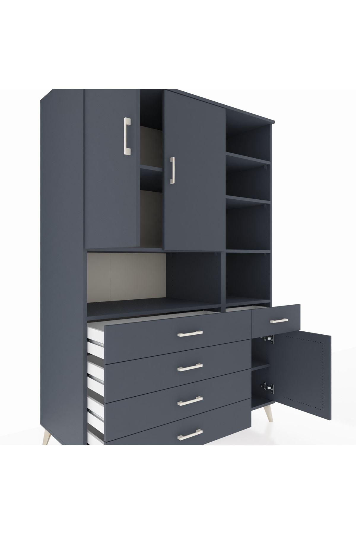 Kronos Dolap 8 Raflı 5 Çekmeceli 3 Kapaklı 132x59x195 Antrasit-Antrasit/Antrasit
