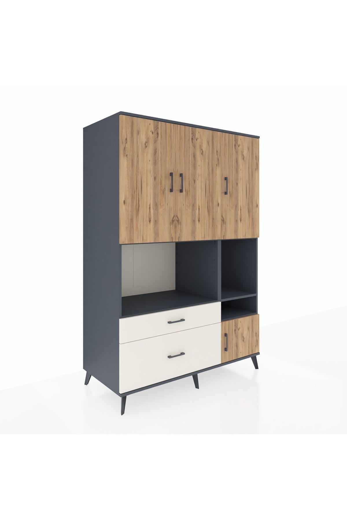 Kronos Dolap 7 Raflı 2 Çekmeceli 4 Kapaklı 132x59x195 Antrasit-Çam/Aytaşı