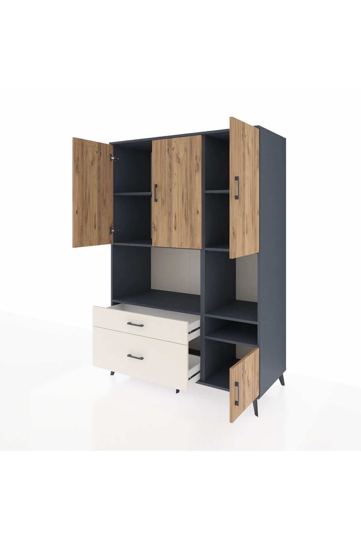 Kronos Dolap 7 Raflı 2 Çekmeceli 4 Kapaklı 132x59x195 Antrasit-Çam/Aytaşı