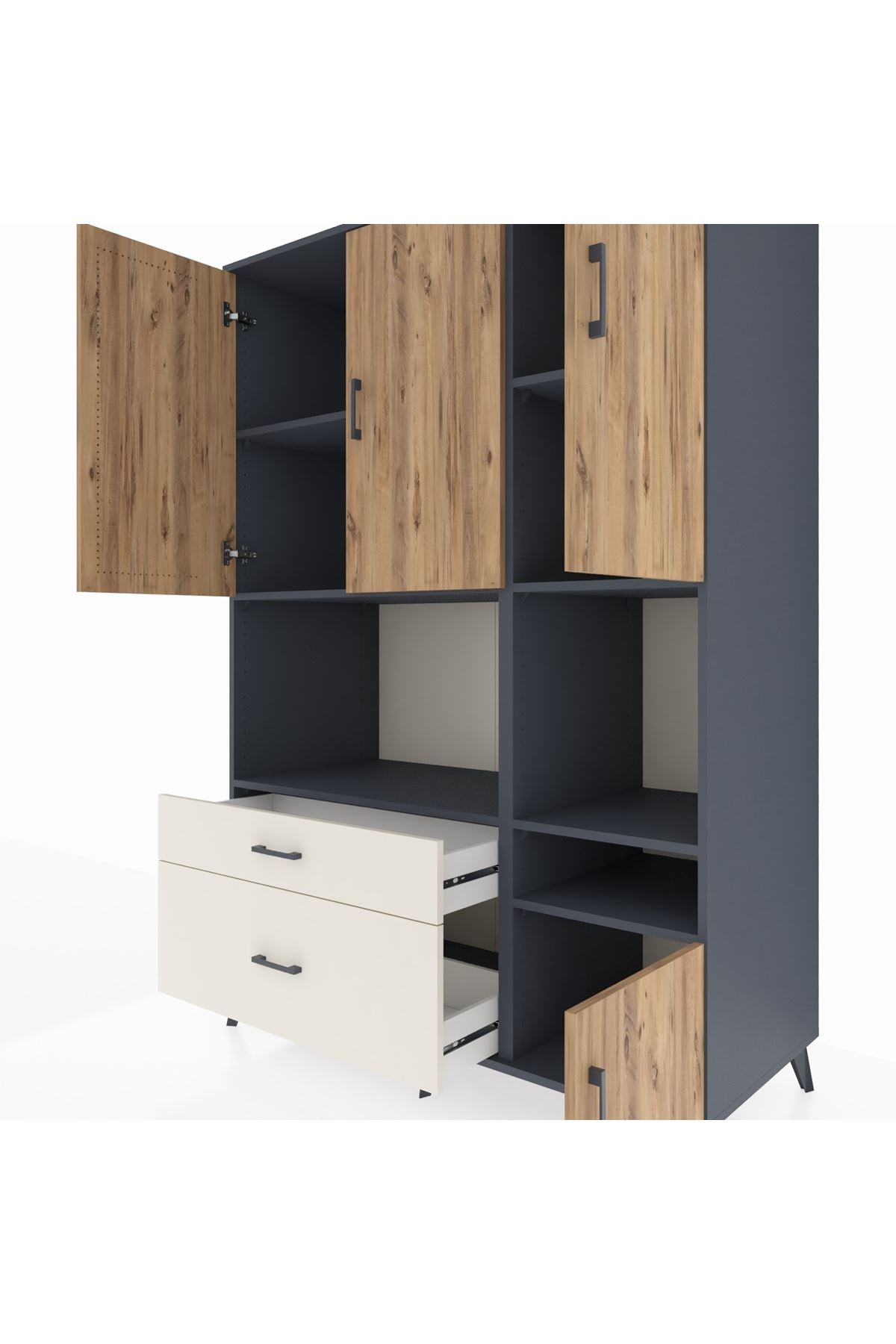 Kronos Dolap 7 Raflı 2 Çekmeceli 4 Kapaklı 132x59x195 Antrasit-Çam/Aytaşı