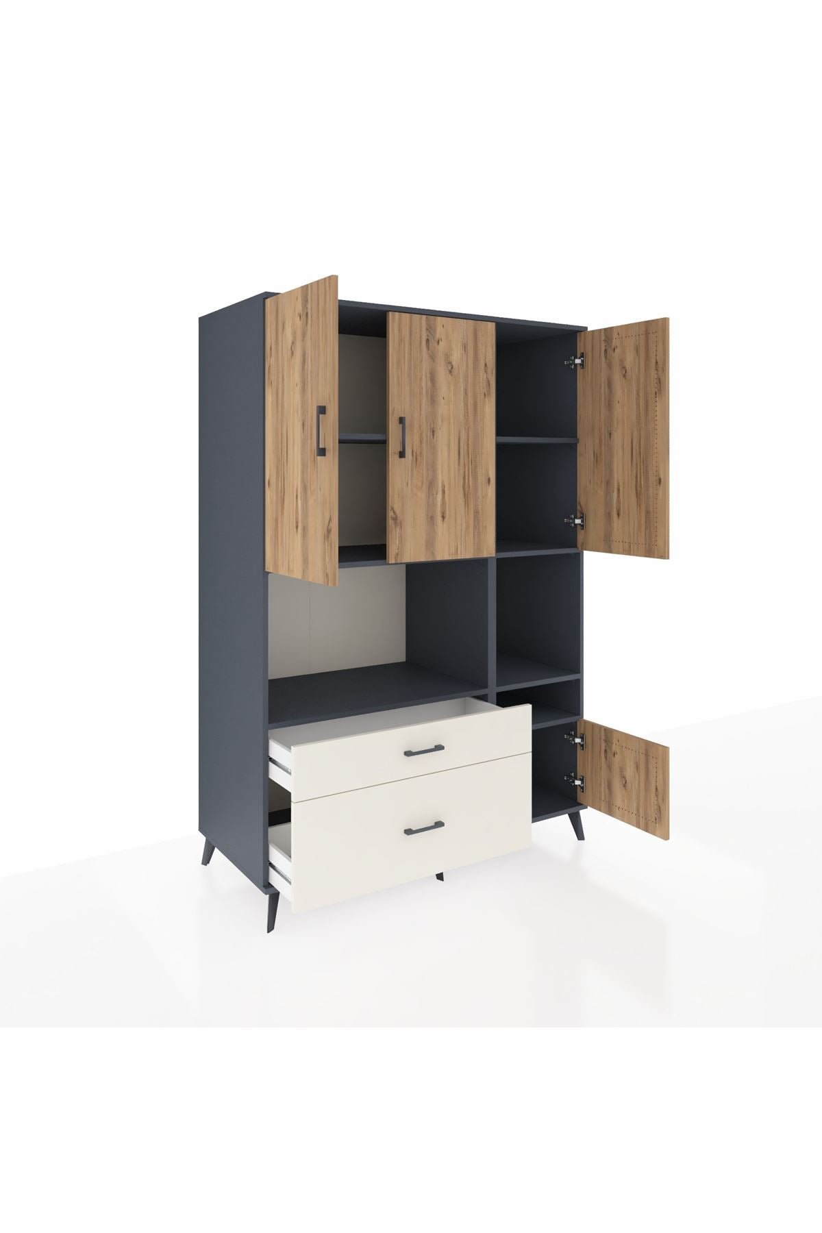 Kronos Dolap 7 Raflı 2 Çekmeceli 4 Kapaklı 132x59x195 Antrasit-Çam/Aytaşı