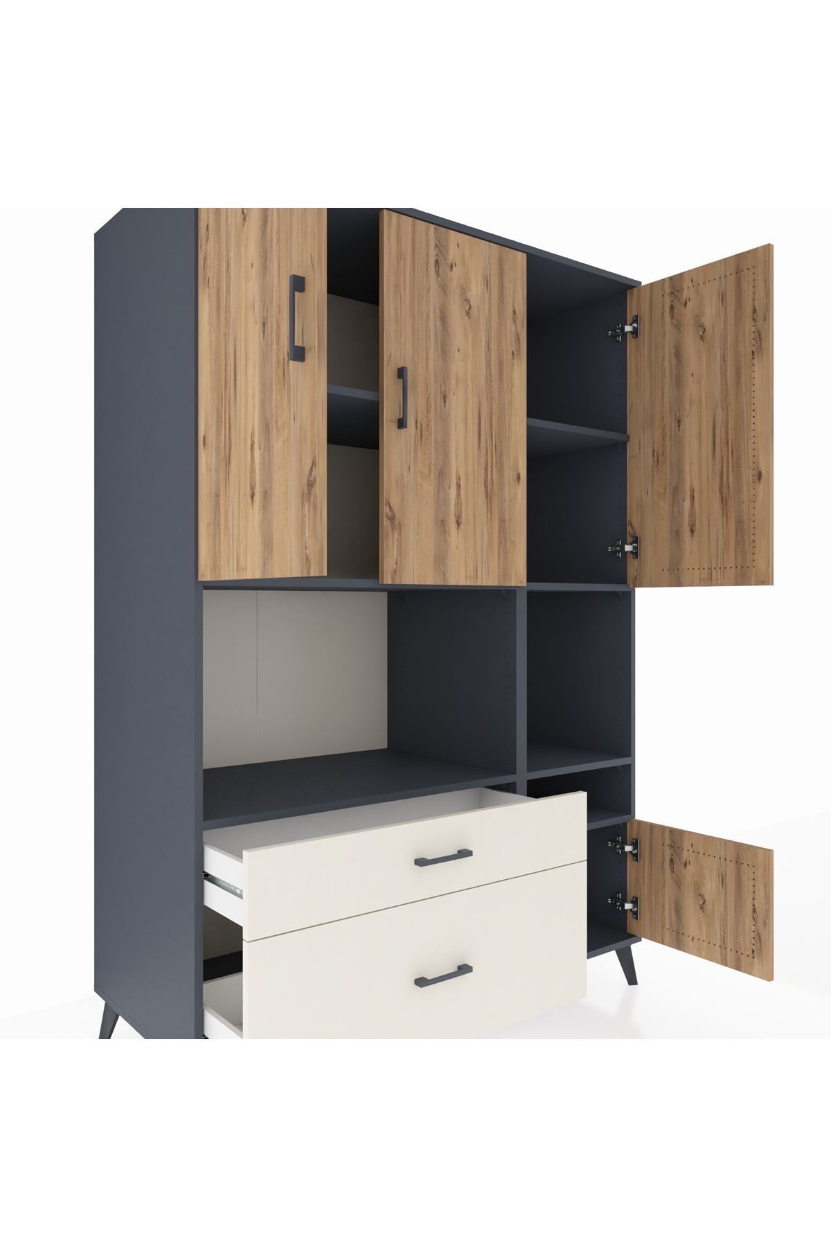 Kronos Dolap 7 Raflı 2 Çekmeceli 4 Kapaklı 132x59x195 Antrasit-Çam/Aytaşı