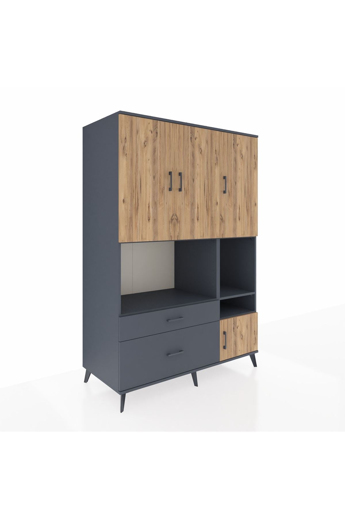 Kronos Dolap 7 Raflı 2 Çekmeceli 4 Kapaklı 132x59x195 Antrasit-Çam/Antrasit