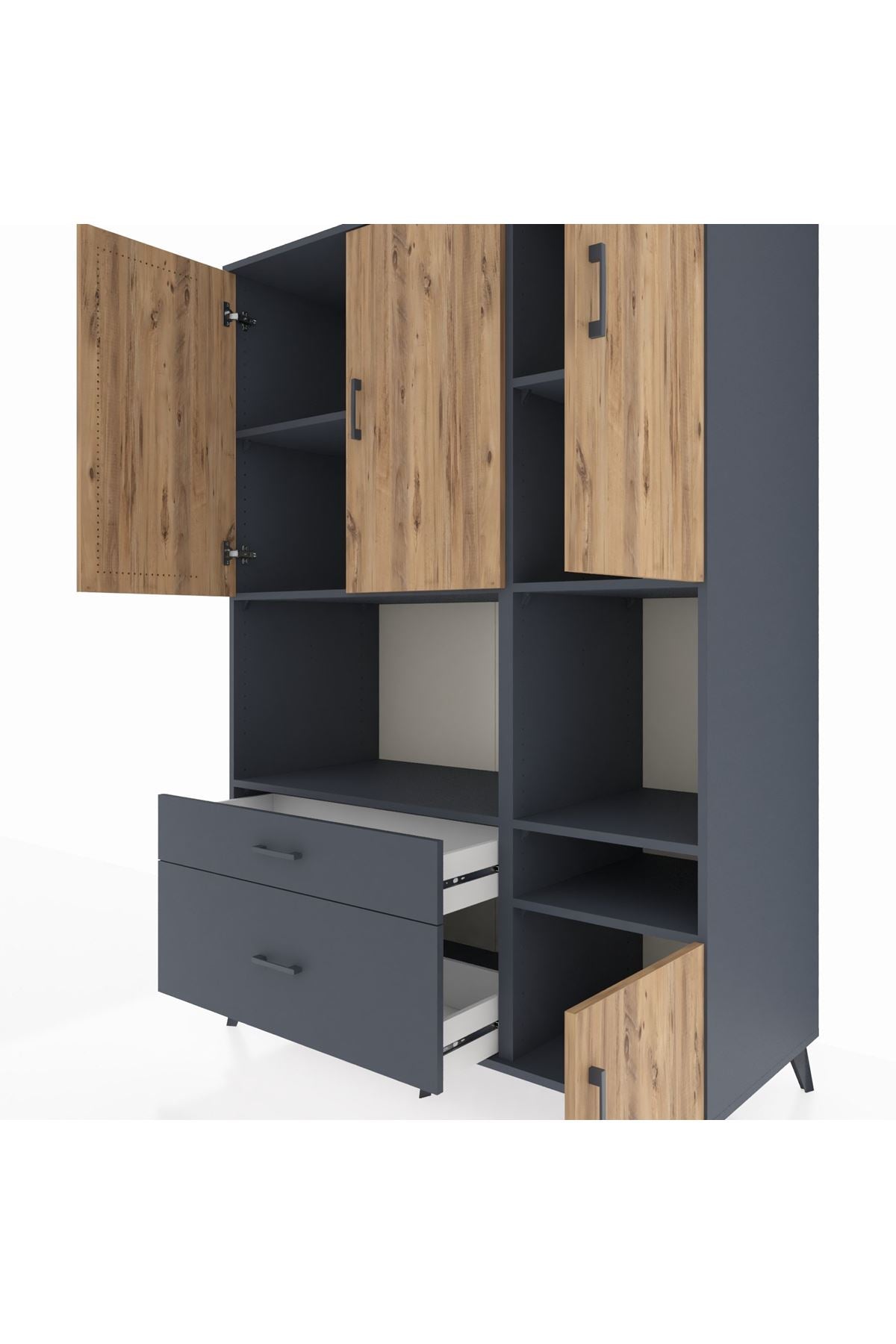 Kronos Dolap 7 Raflı 2 Çekmeceli 4 Kapaklı 132x59x195 Antrasit-Çam/Antrasit