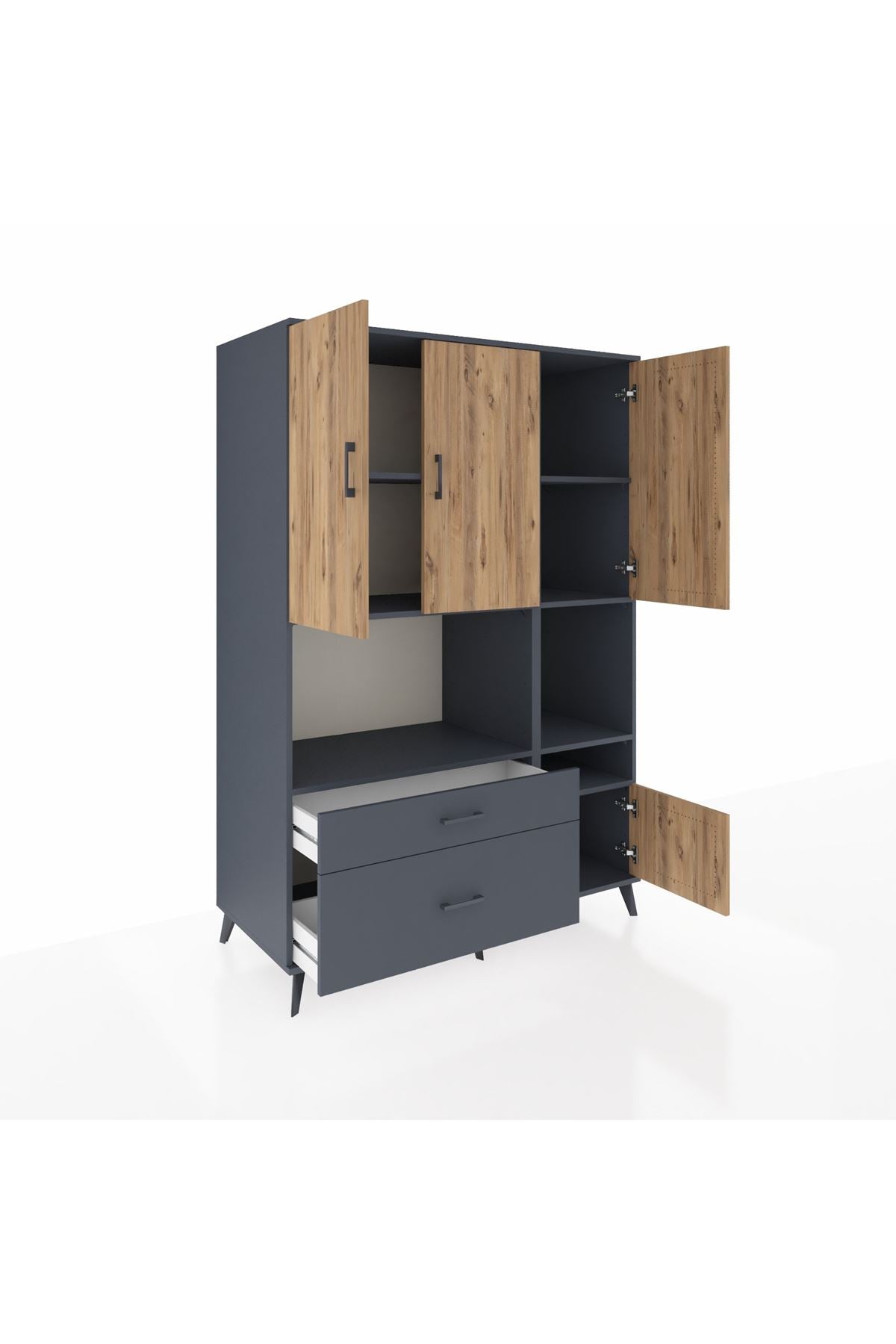 Kronos Dolap 7 Raflı 2 Çekmeceli 4 Kapaklı 132x59x195 Antrasit-Çam/Antrasit