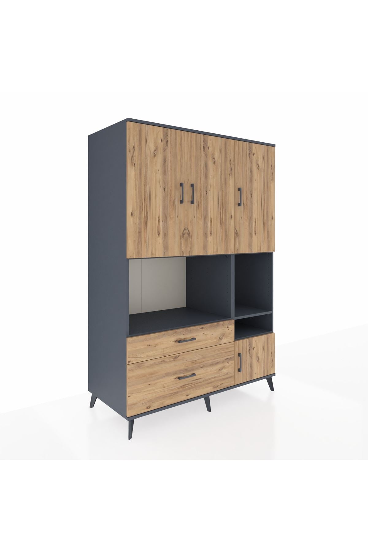 Kronos Dolap 7 Raflı 2 Çekmeceli 4 Kapaklı 132x59x195 Antrasit-Çam/Çam