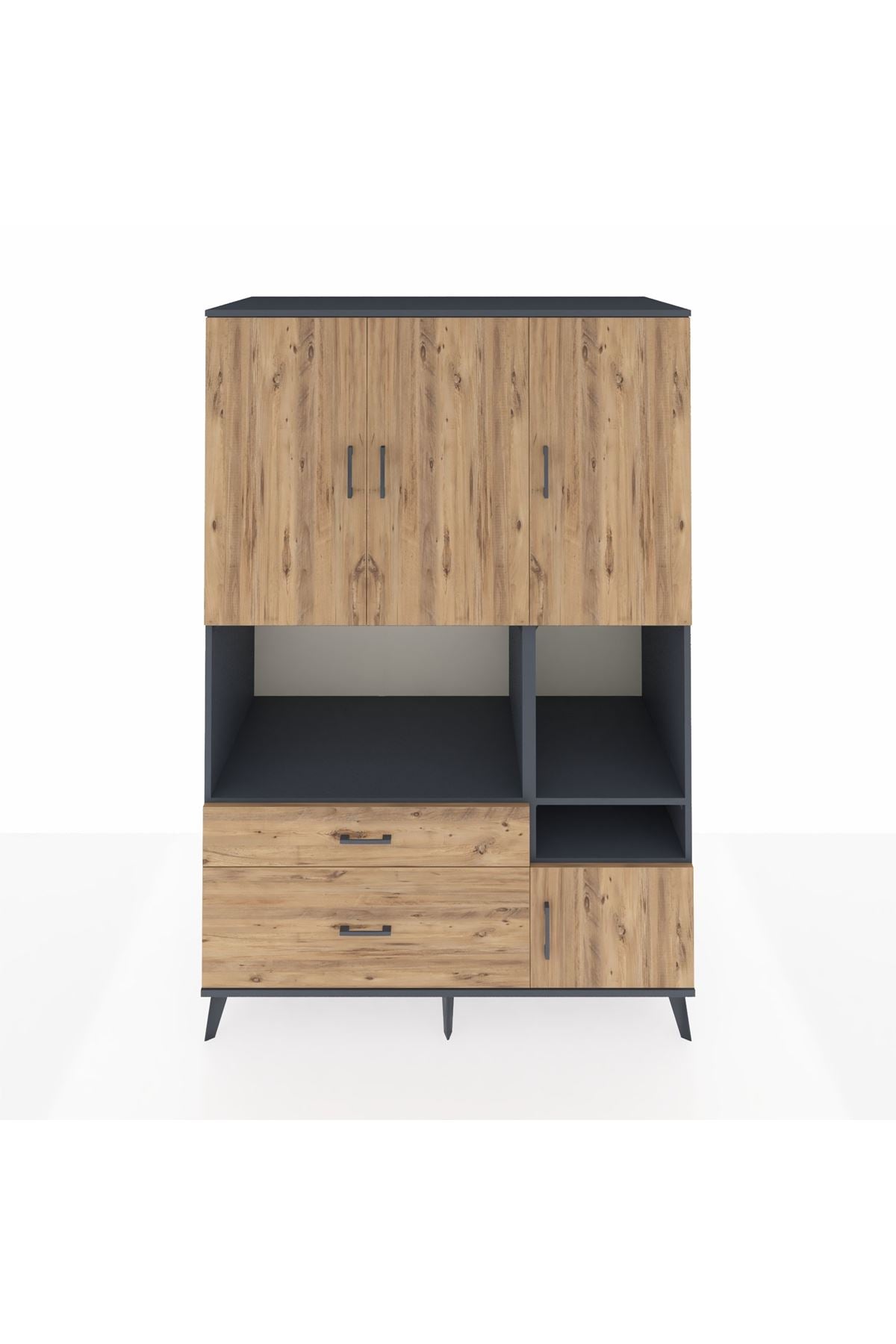 Kronos Dolap 7 Raflı 2 Çekmeceli 4 Kapaklı 132x59x195 Antrasit-Çam/Çam