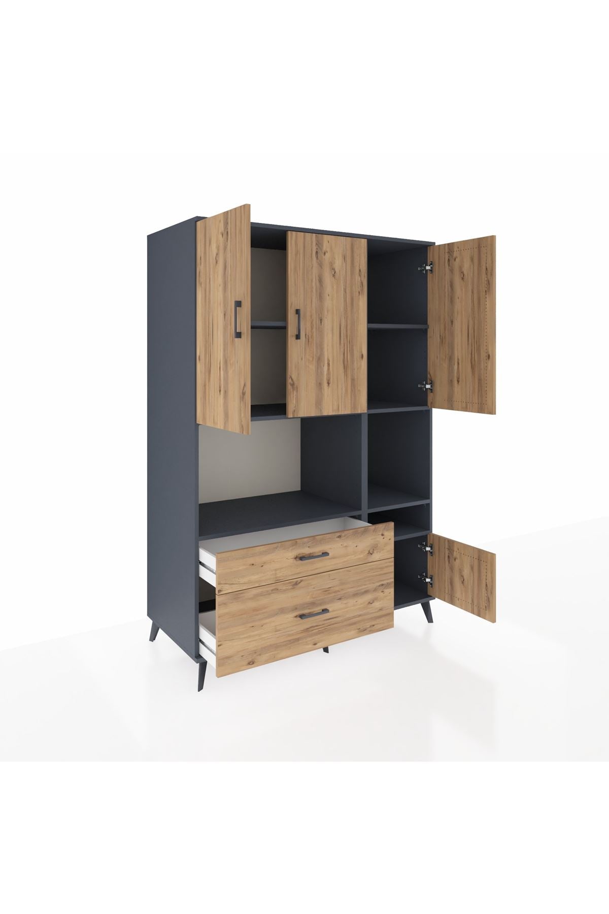 Kronos Dolap 7 Raflı 2 Çekmeceli 4 Kapaklı 132x59x195 Antrasit-Çam/Çam
