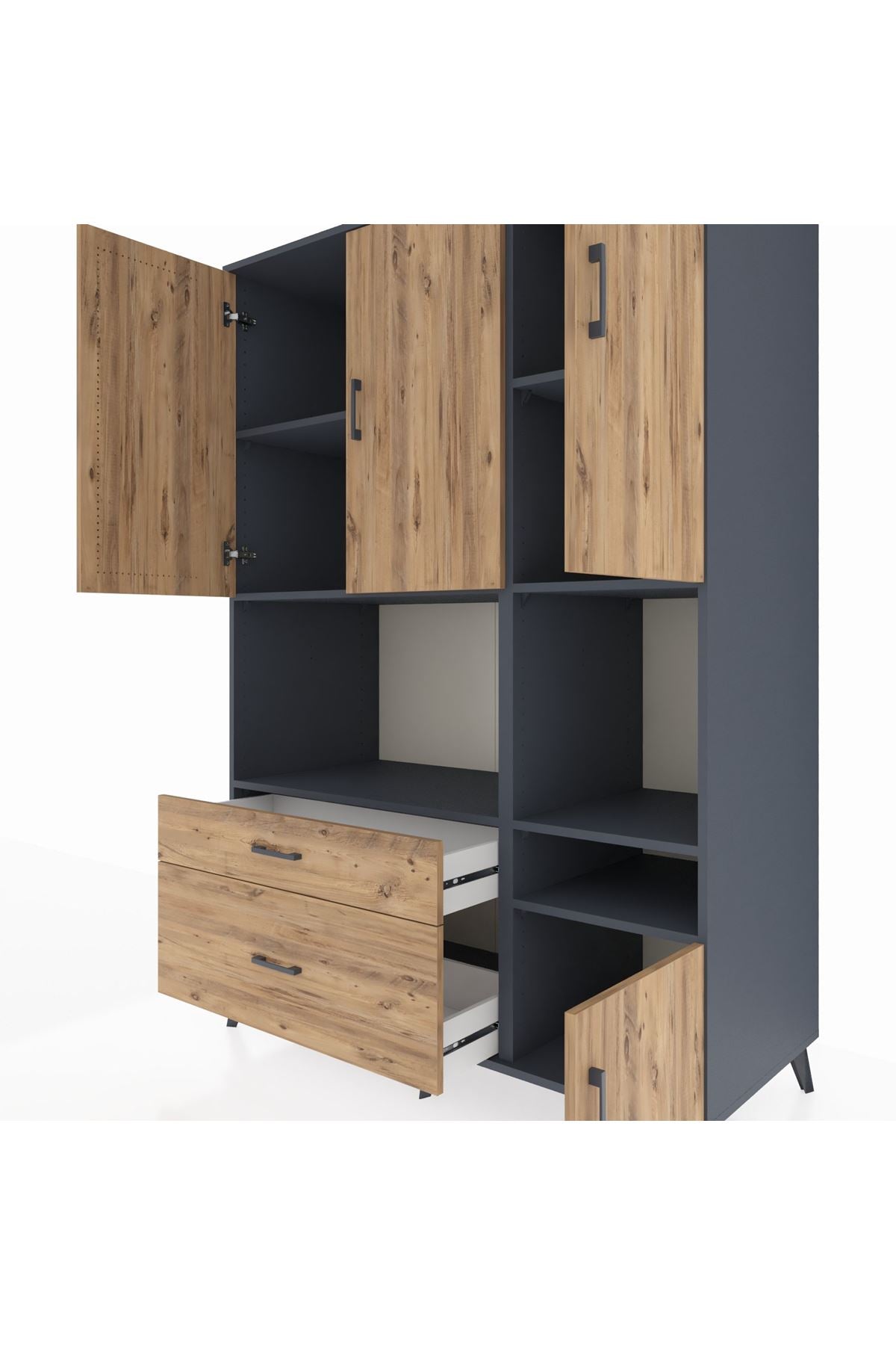 Kronos Dolap 7 Raflı 2 Çekmeceli 4 Kapaklı 132x59x195 Antrasit-Çam/Çam