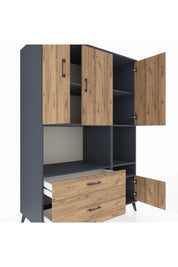 Kronos Dolap 7 Raflı 2 Çekmeceli 4 Kapaklı 132x59x195 Antrasit-Çam/Çam