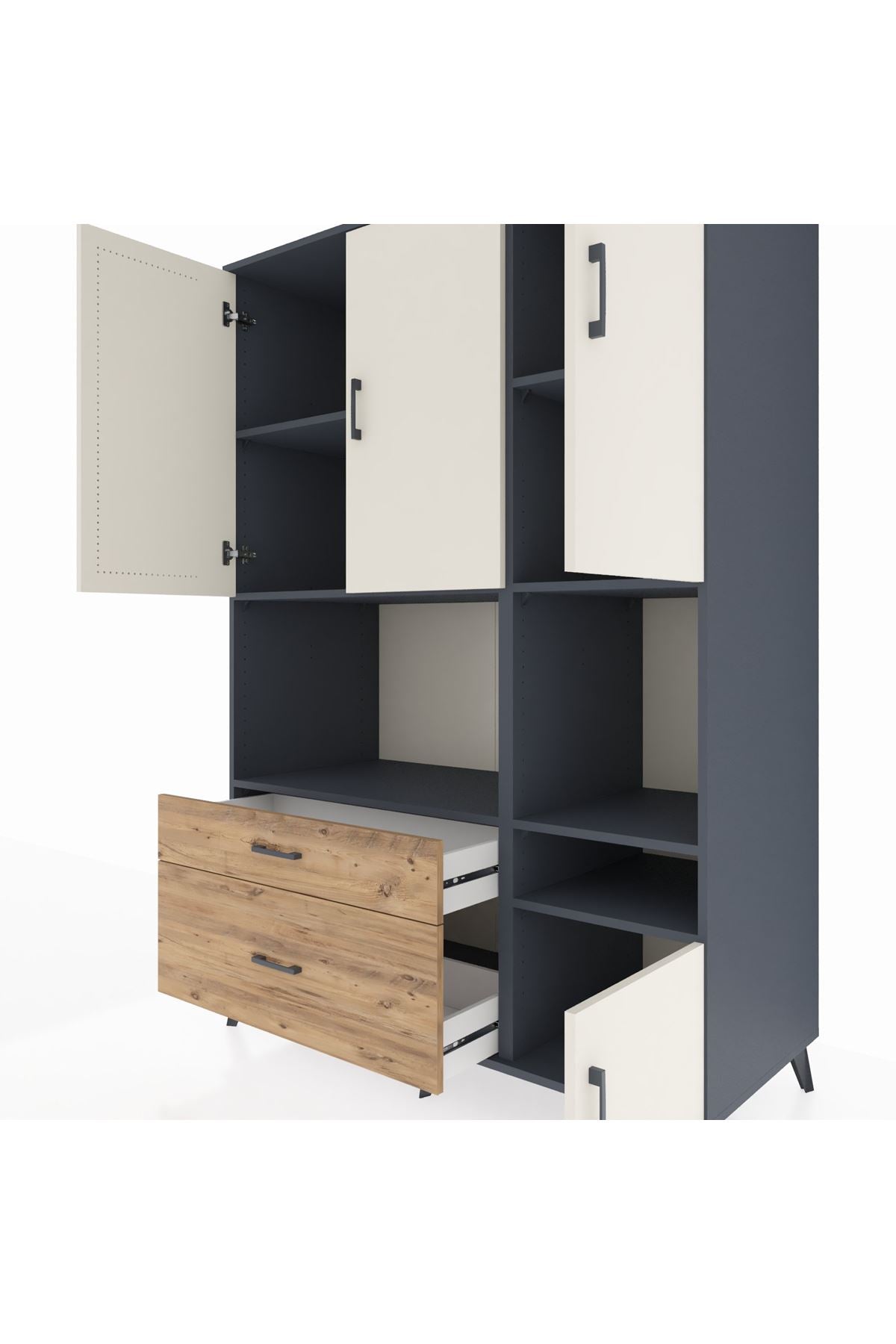 Kronos Dolap 7 Raflı 2 Çekmeceli 4 Kapaklı 132x59x195 Antrasit-Aytaşı/Çam