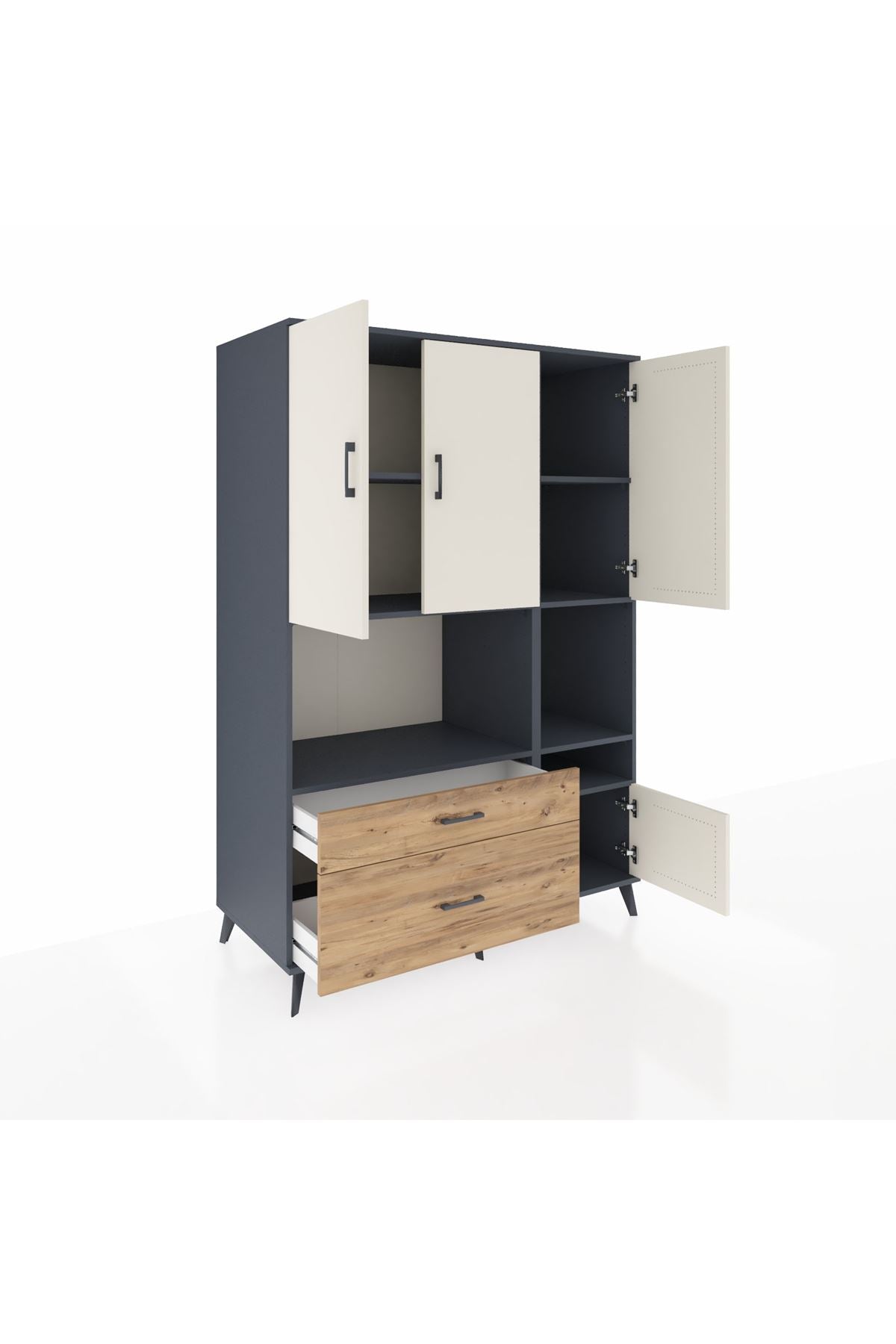 Kronos Dolap 7 Raflı 2 Çekmeceli 4 Kapaklı 132x59x195 Antrasit-Aytaşı/Çam