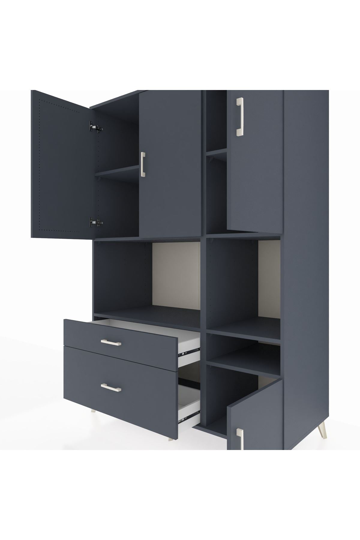 Kronos Dolap 7 Raflı 2 Çekmeceli 4 Kapaklı 132x59x195 Antrasit-Antrasit/Antrasit