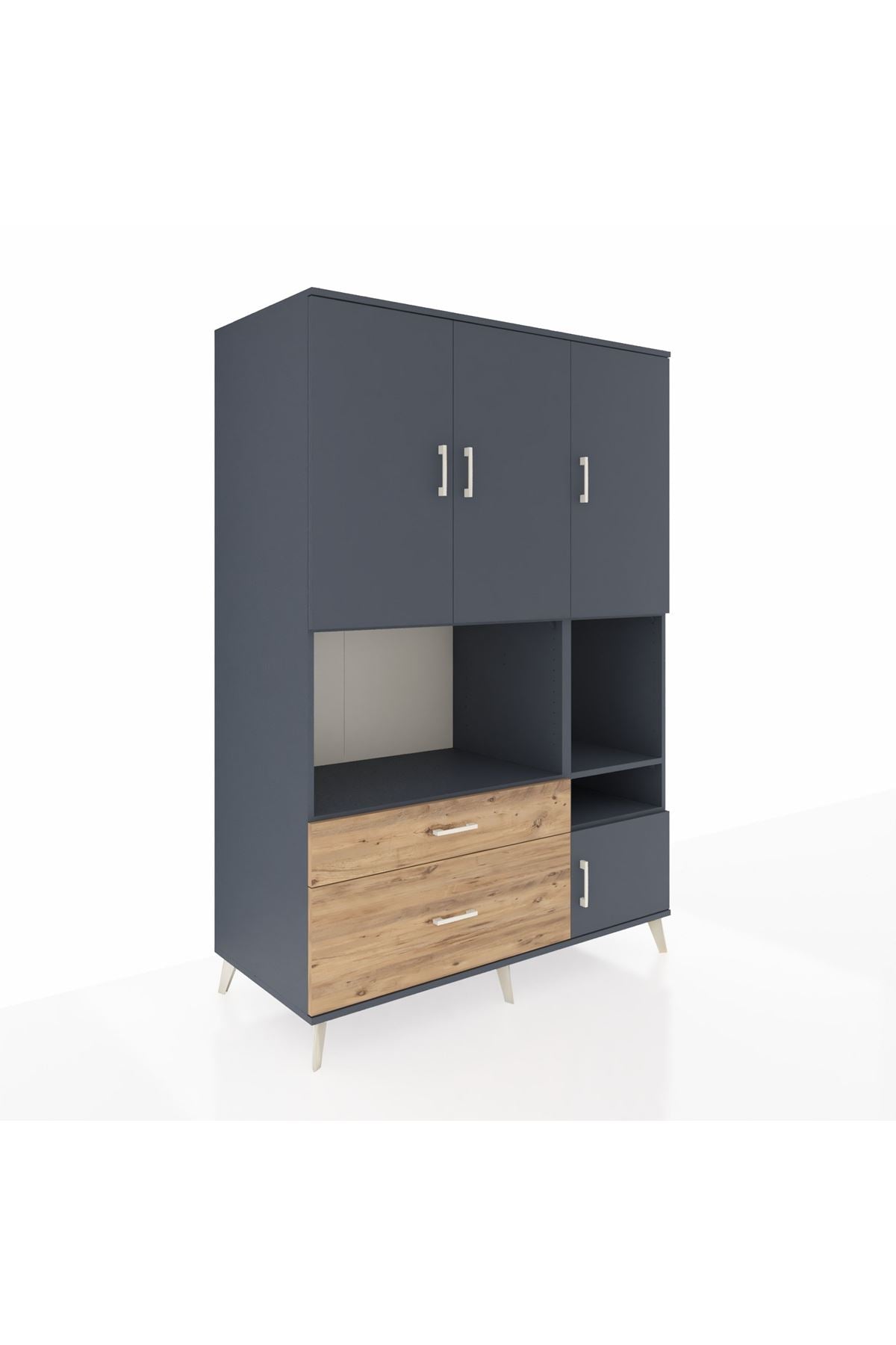 Kronos Dolap 7 Raflı 2 Çekmeceli 4 Kapaklı 132x59x195 Antrasit-Antrasit/Çam