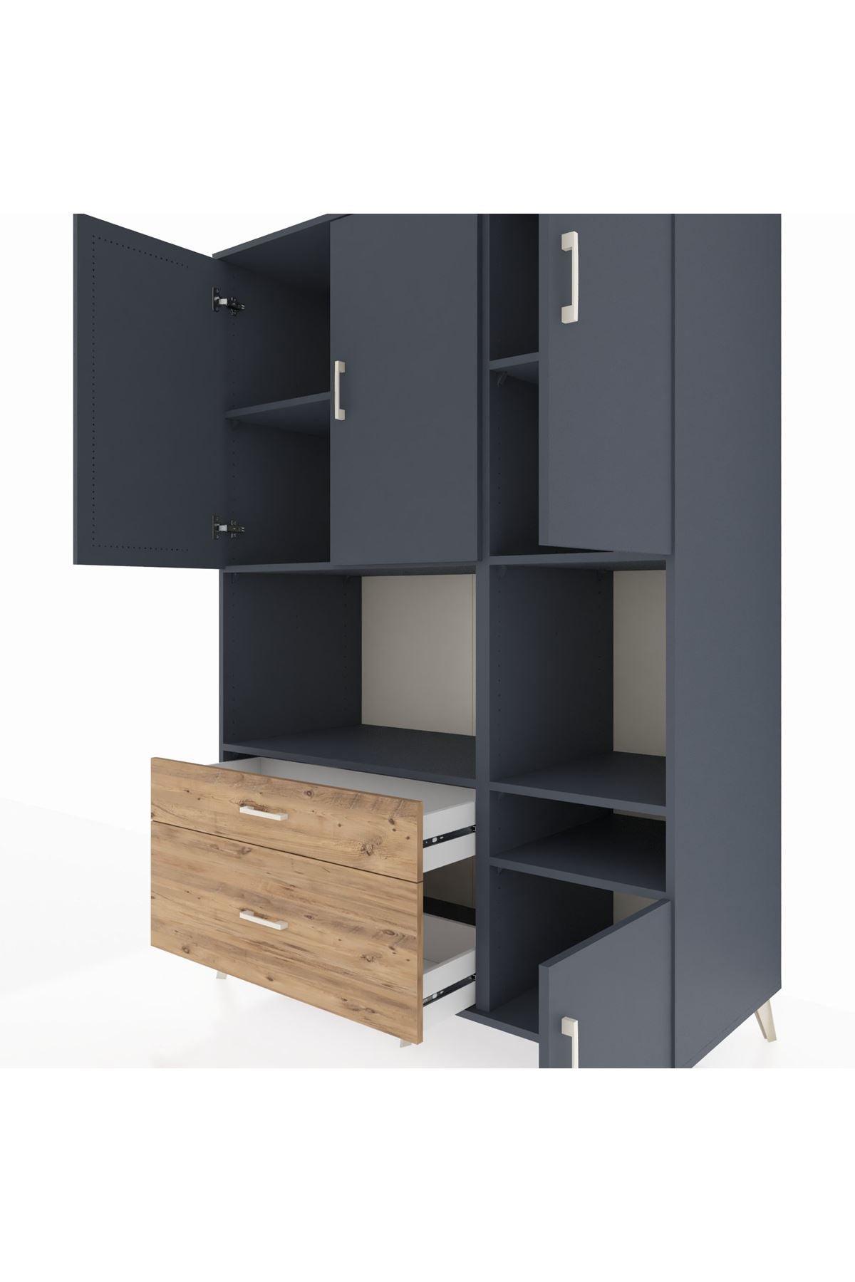 Kronos Dolap 7 Raflı 2 Çekmeceli 4 Kapaklı 132x59x195 Antrasit-Antrasit/Çam