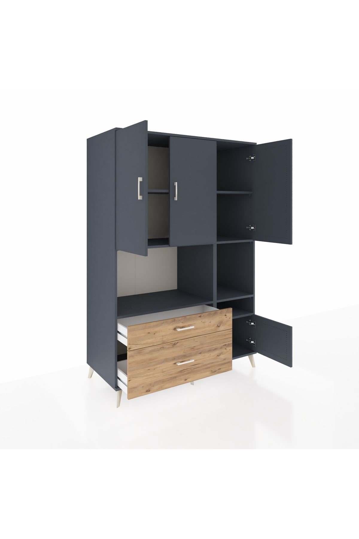 Kronos Dolap 7 Raflı 2 Çekmeceli 4 Kapaklı 132x59x195 Antrasit-Antrasit/Çam