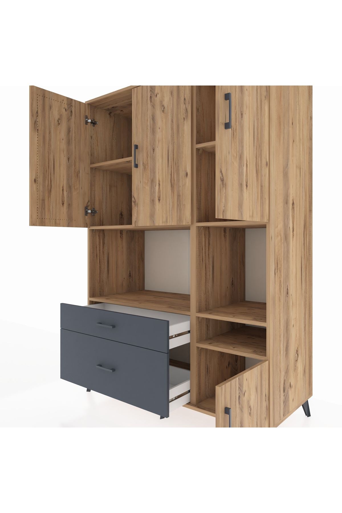 Kronos Dolap 7 Raflı 2 Çekmeceli 4 Kapaklı 132x59x195 Çam-Çam/Antrasit