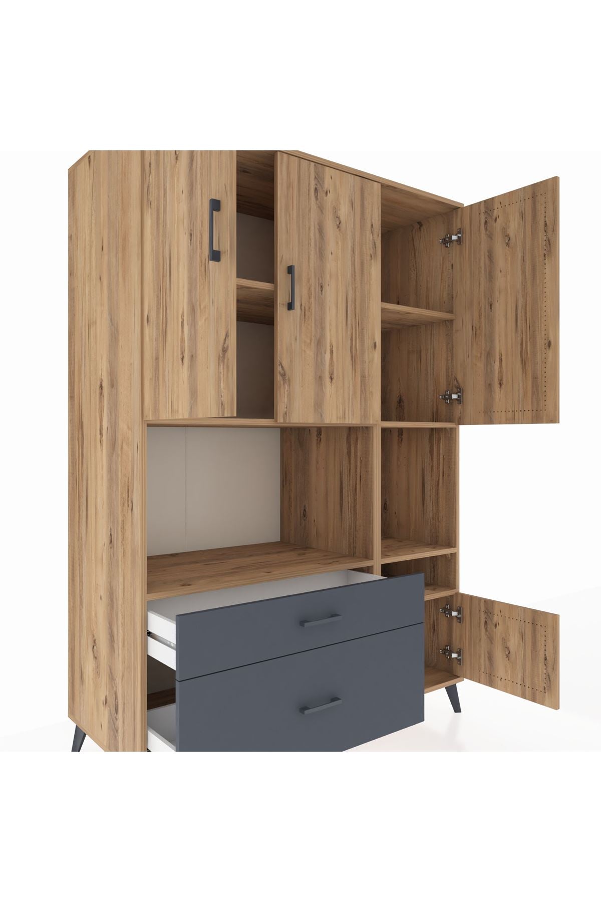 Kronos Dolap 7 Raflı 2 Çekmeceli 4 Kapaklı 132x59x195 Çam-Çam/Antrasit