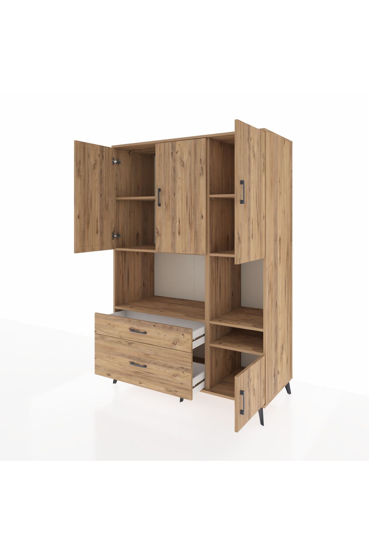 Kronos Dolap 7 Raflı 2 Çekmeceli 4 Kapaklı 132x59x195 Çam-Çam/Çam