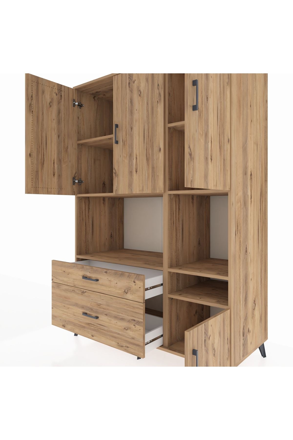 Kronos Dolap 7 Raflı 2 Çekmeceli 4 Kapaklı 132x59x195 Çam-Çam/Çam