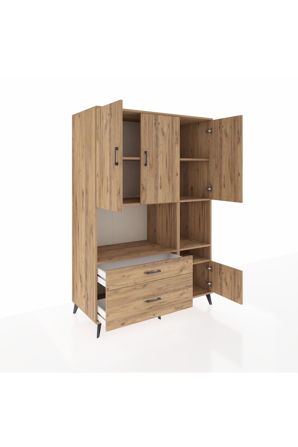 Kronos Dolap 7 Raflı 2 Çekmeceli 4 Kapaklı 132x59x195 Çam-Çam/Çam