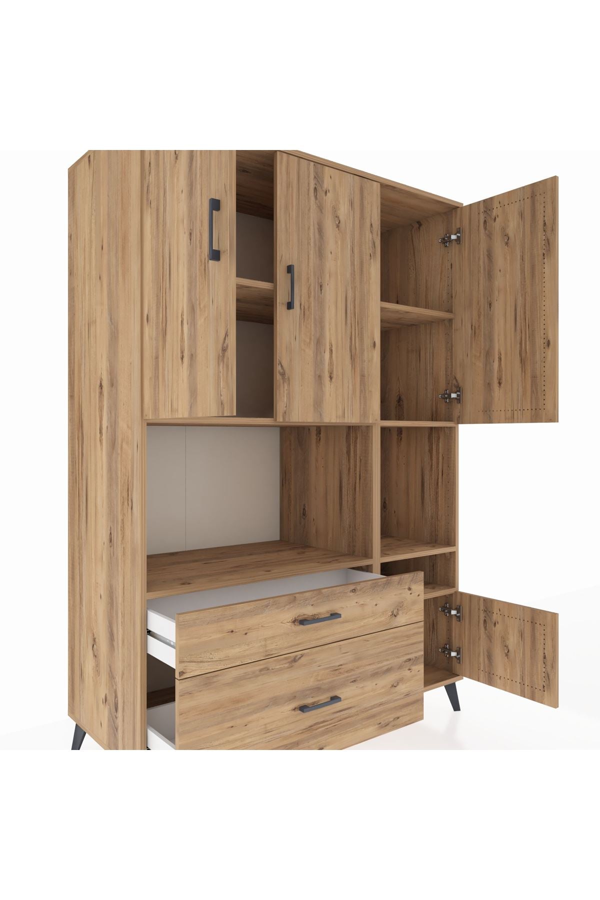 Kronos Dolap 7 Raflı 2 Çekmeceli 4 Kapaklı 132x59x195 Çam-Çam/Çam