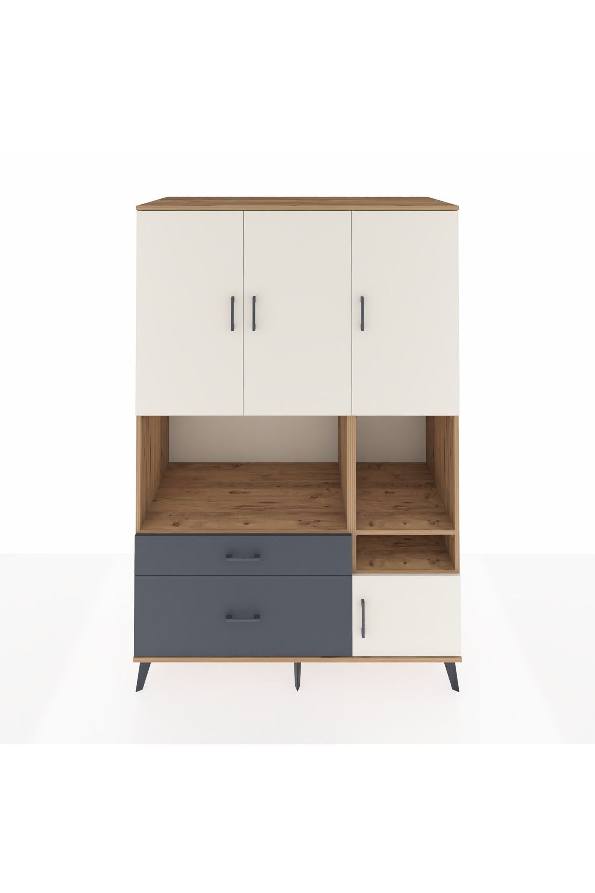 Kronos Dolap 7 Raflı 2 Çekmeceli 4 Kapaklı 132x59x195 Çam-Aytaşı/Antrasit