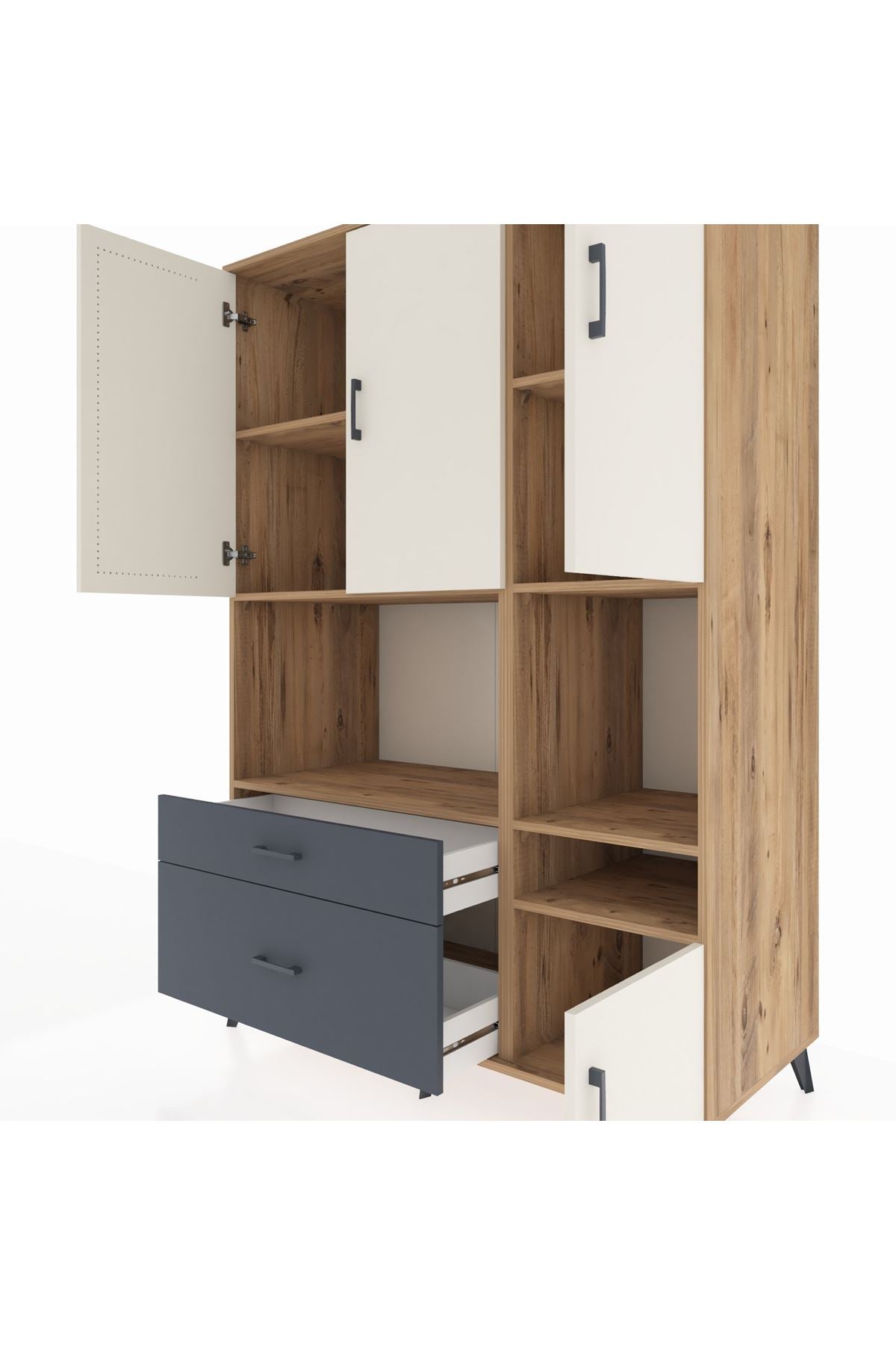 Kronos Dolap 7 Raflı 2 Çekmeceli 4 Kapaklı 132x59x195 Çam-Aytaşı/Antrasit