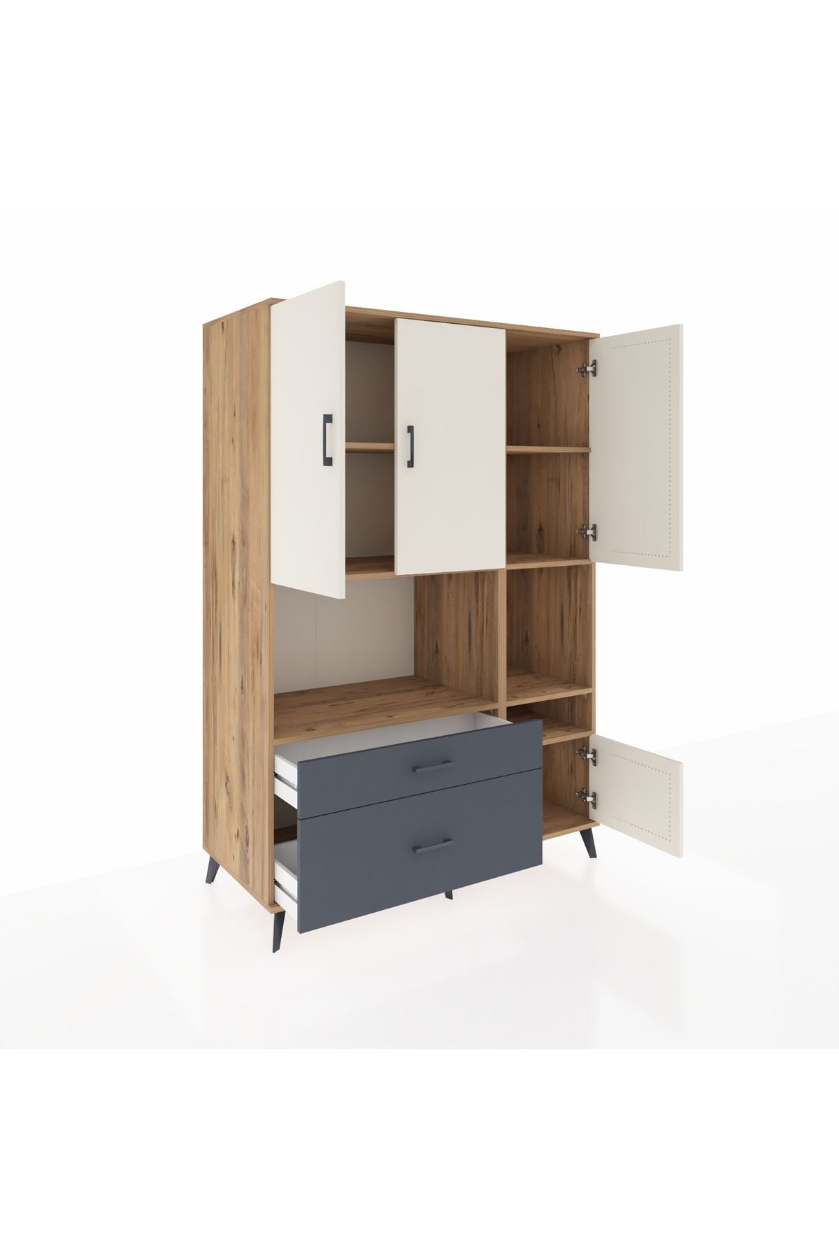 Kronos Dolap 7 Raflı 2 Çekmeceli 4 Kapaklı 132x59x195 Çam-Aytaşı/Antrasit