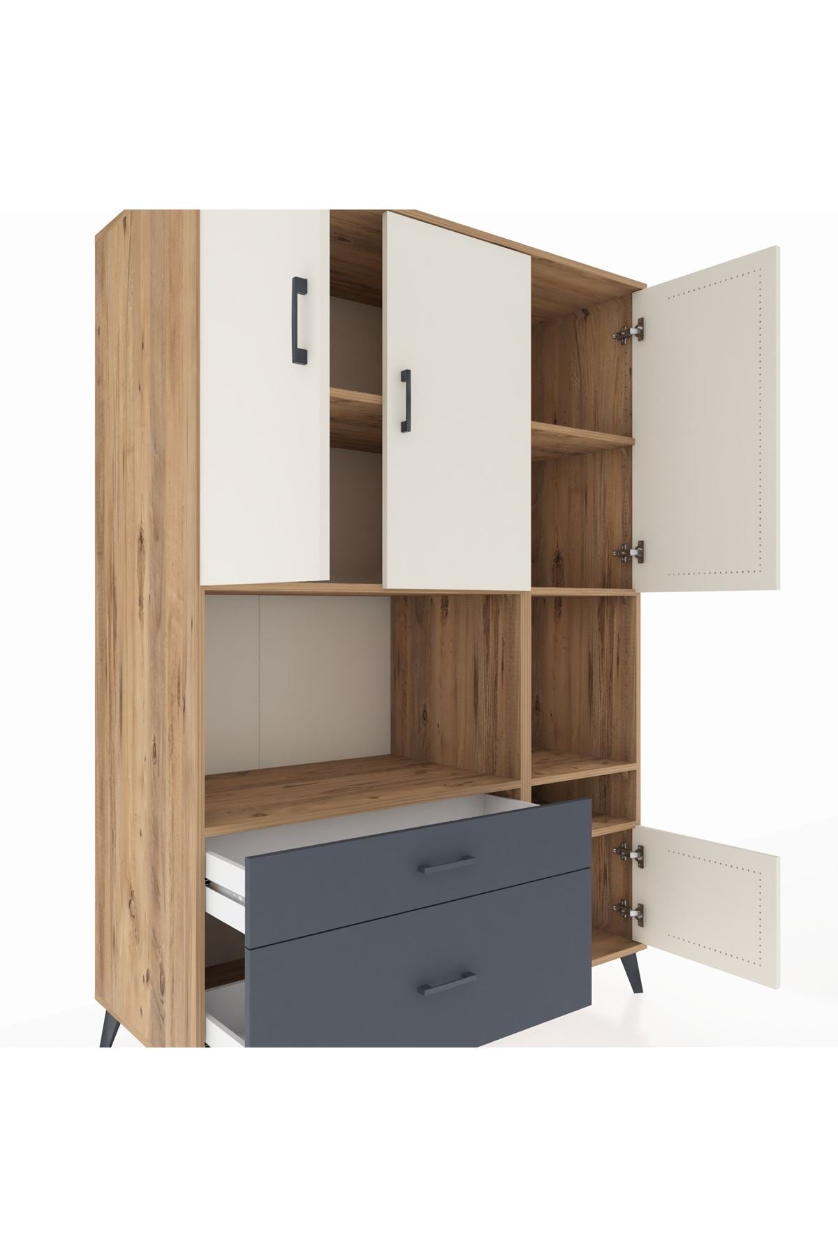 Kronos Dolap 7 Raflı 2 Çekmeceli 4 Kapaklı 132x59x195 Çam-Aytaşı/Antrasit