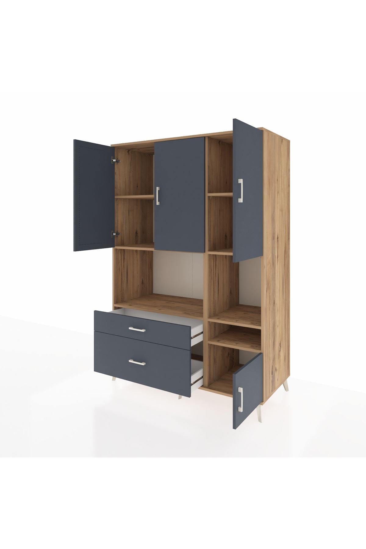 Kronos Dolap 7 Raflı 2 Çekmeceli 4 Kapaklı 132x59x195 Çam-Antrasit/Antrasit