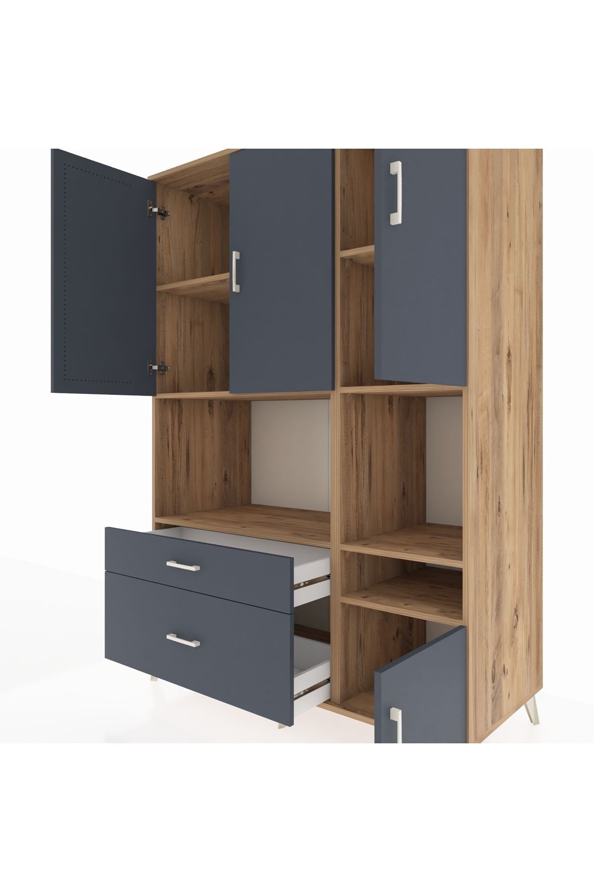 Kronos Dolap 7 Raflı 2 Çekmeceli 4 Kapaklı 132x59x195 Çam-Antrasit/Antrasit