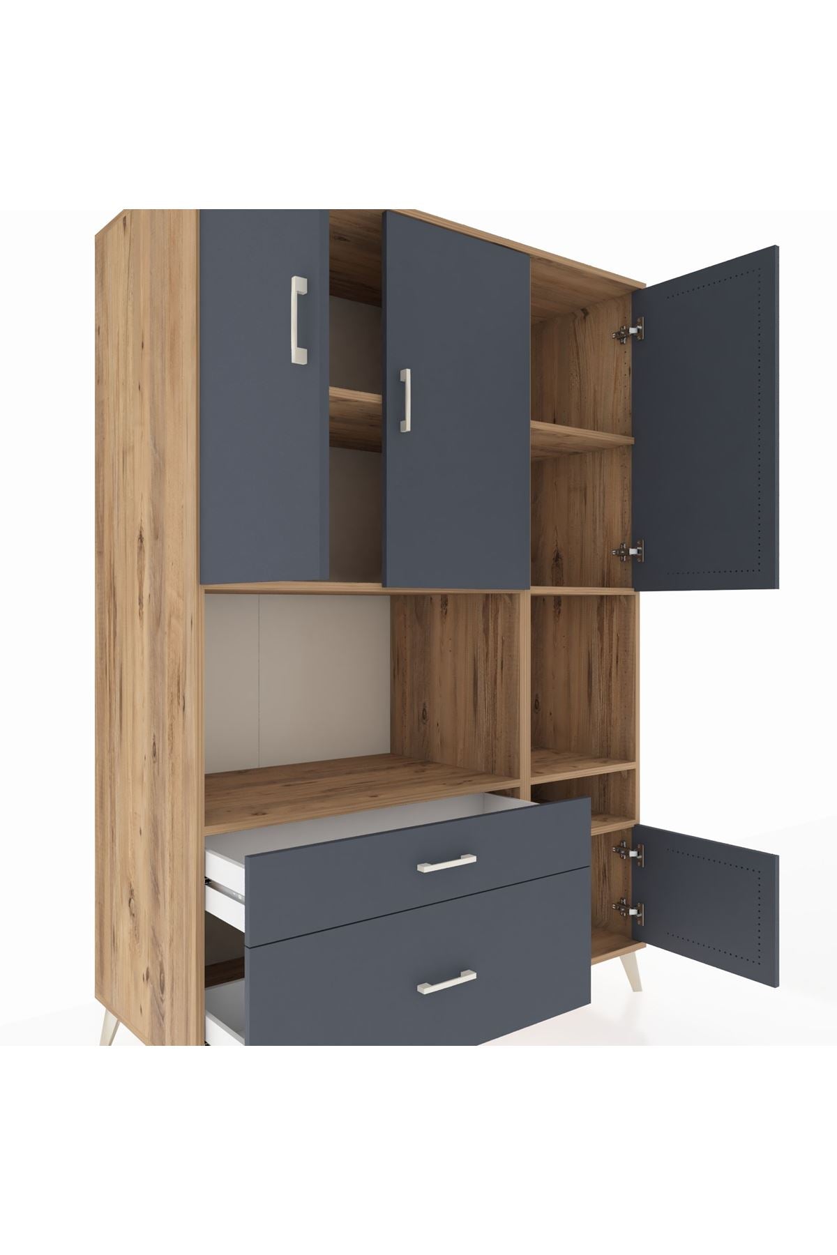 Kronos Dolap 7 Raflı 2 Çekmeceli 4 Kapaklı 132x59x195 Çam-Antrasit/Antrasit