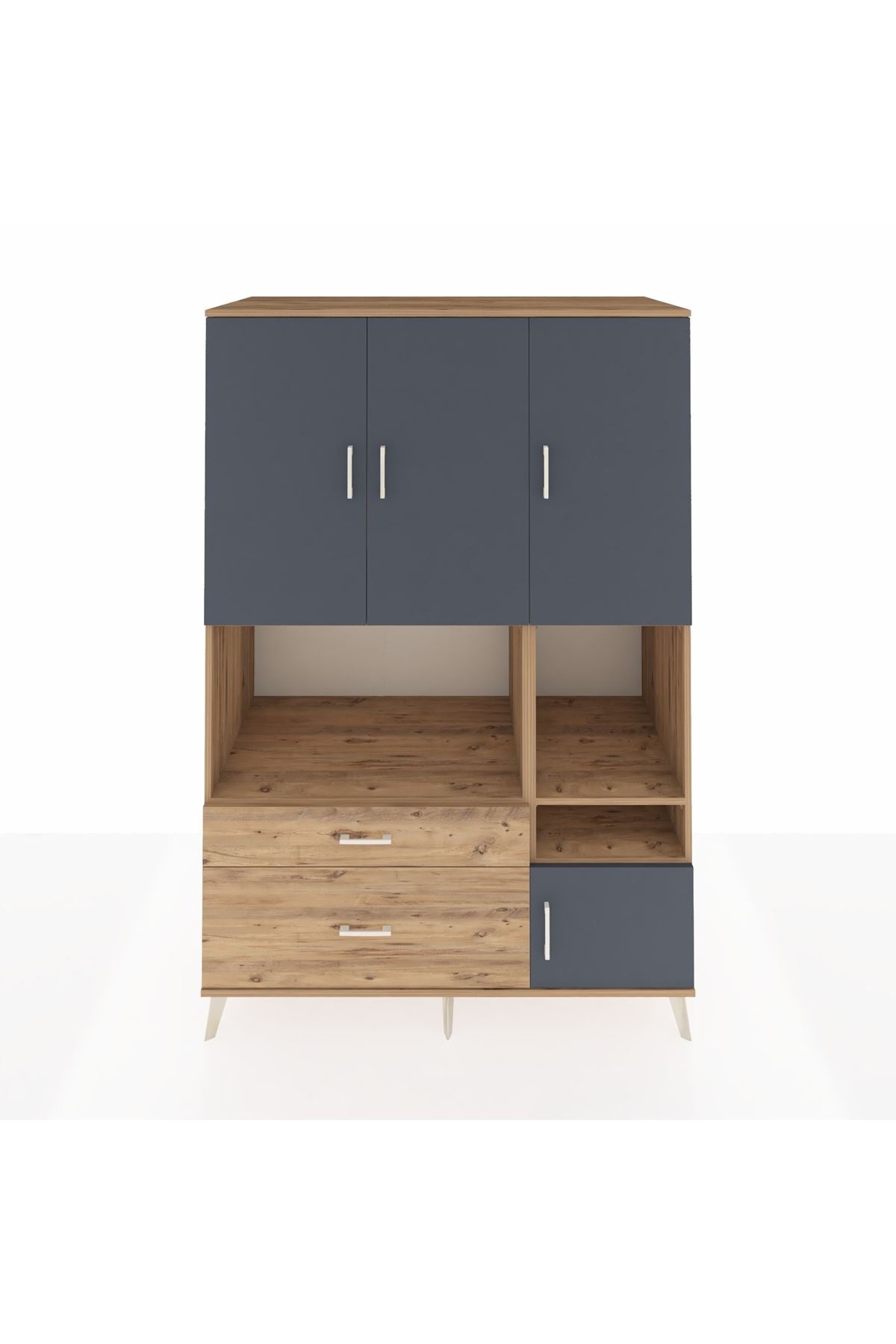 Kronos Dolap 7 Raflı 2 Çekmeceli 4 Kapaklı 132x59x195 Çam-Antrasit/Çam