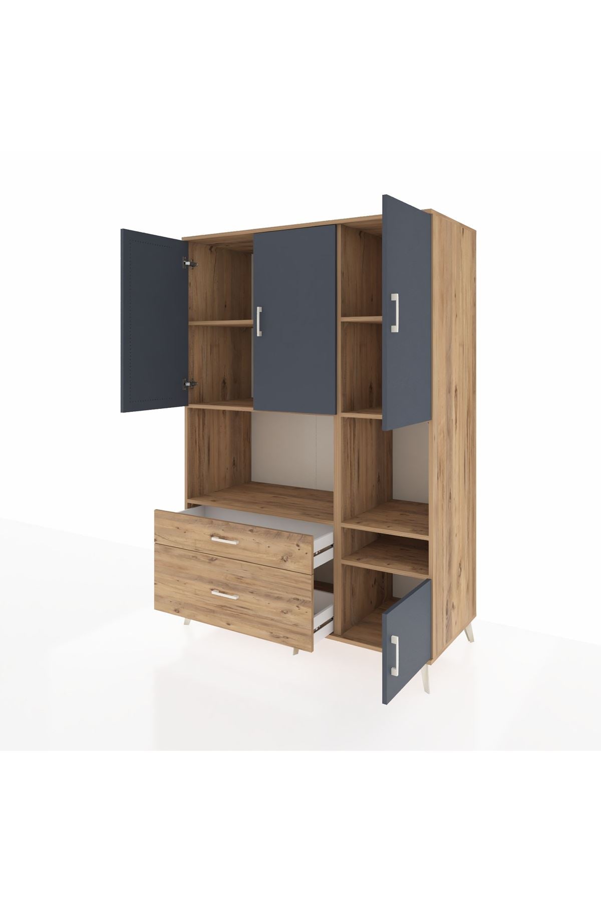 Kronos Dolap 7 Raflı 2 Çekmeceli 4 Kapaklı 132x59x195 Çam-Antrasit/Çam