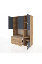 Kronos Dolap 7 Raflı 2 Çekmeceli 4 Kapaklı 132x59x195 Çam-Antrasit/Çam