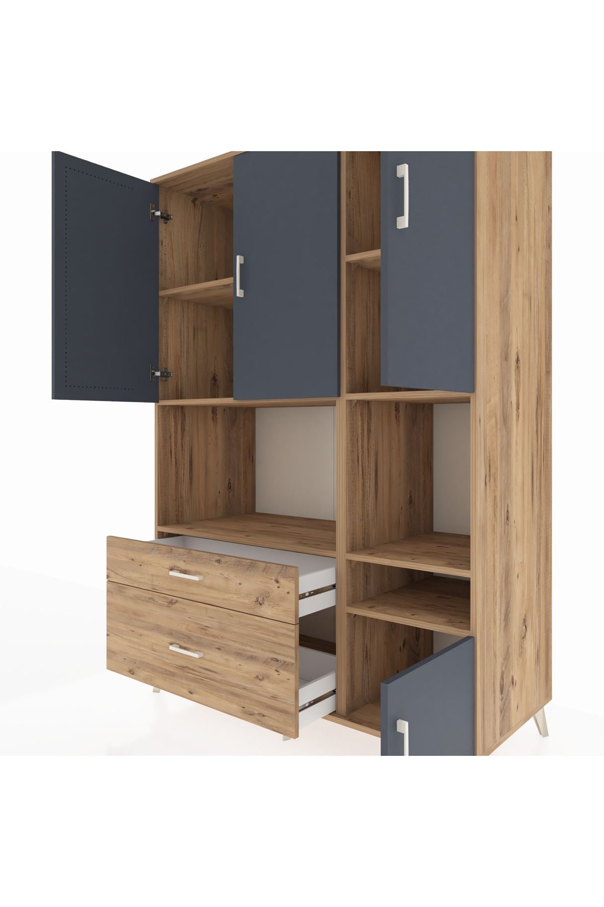 Kronos Dolap 7 Raflı 2 Çekmeceli 4 Kapaklı 132x59x195 Çam-Antrasit/Çam