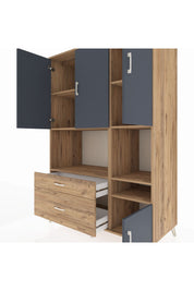 Kronos Dolap 7 Raflı 2 Çekmeceli 4 Kapaklı 132x59x195 Çam-Antrasit/Çam