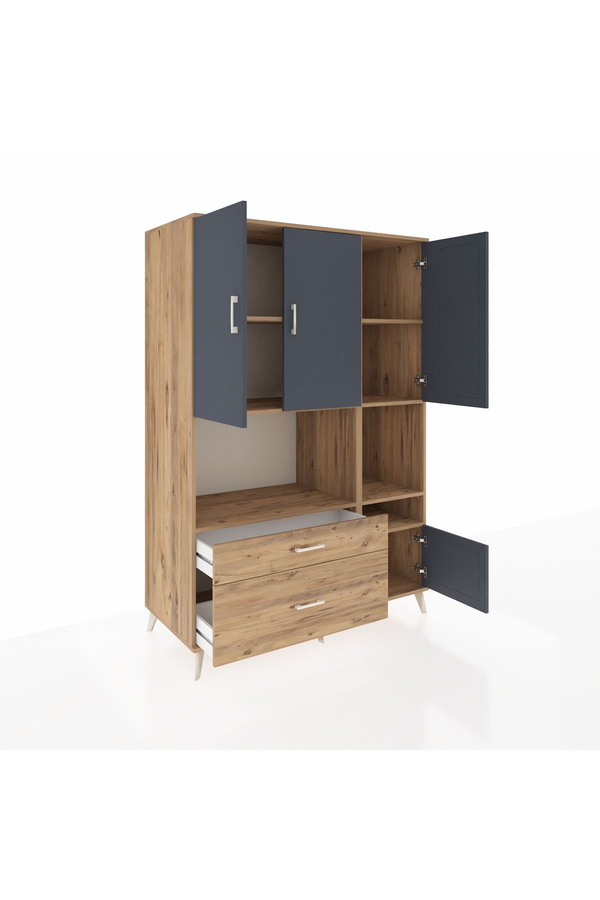 Kronos Dolap 7 Raflı 2 Çekmeceli 4 Kapaklı 132x59x195 Çam-Antrasit/Çam