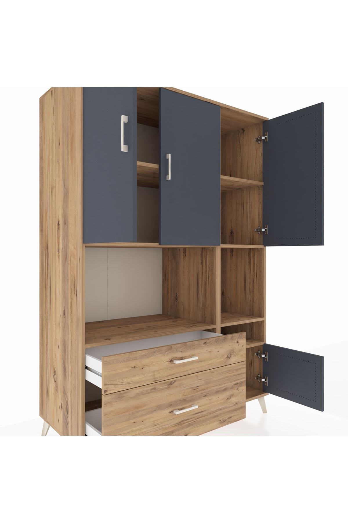 Kronos Dolap 7 Raflı 2 Çekmeceli 4 Kapaklı 132x59x195 Çam-Antrasit/Çam