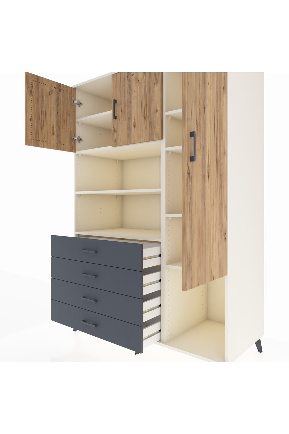 Kronos Dolap 8 Raflı 4 Çekmeceli 3 Kapaklı 132x59x195 Aytaşı-Çam/Antrasit