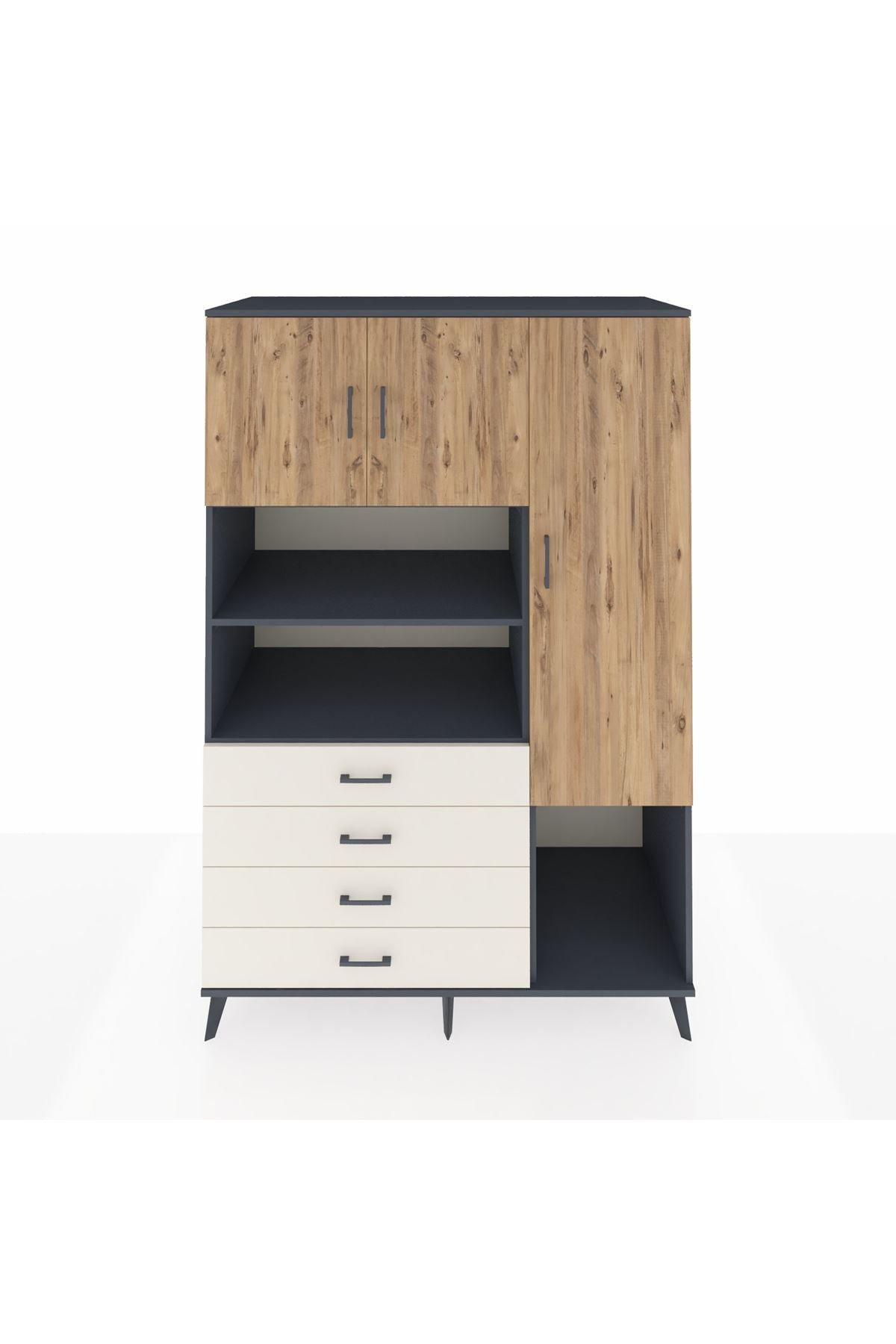 Kronos Dolap 8 Raflı 4 Çekmeceli 3 Kapaklı 132x59x195 Antrasit-Çam/Aytaşı