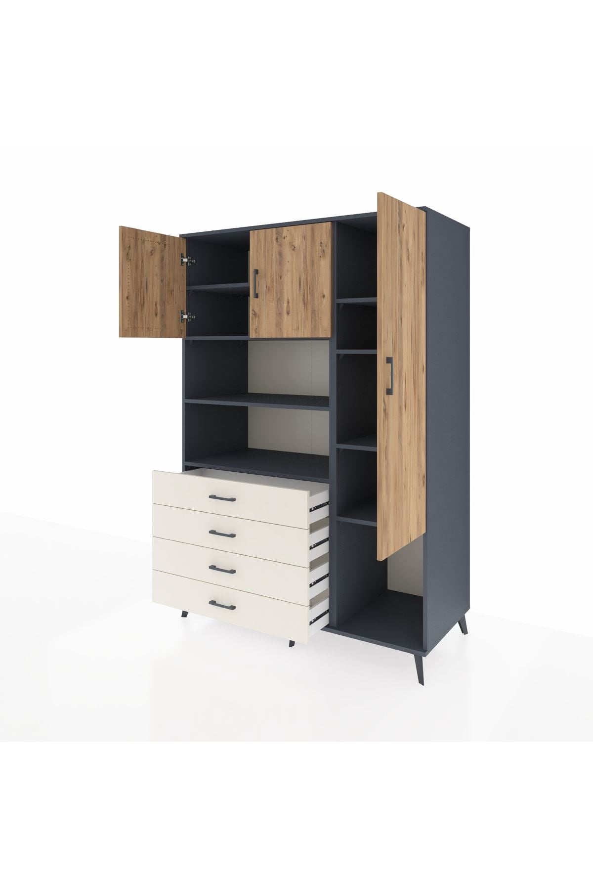 Kronos Dolap 8 Raflı 4 Çekmeceli 3 Kapaklı 132x59x195 Antrasit-Çam/Aytaşı