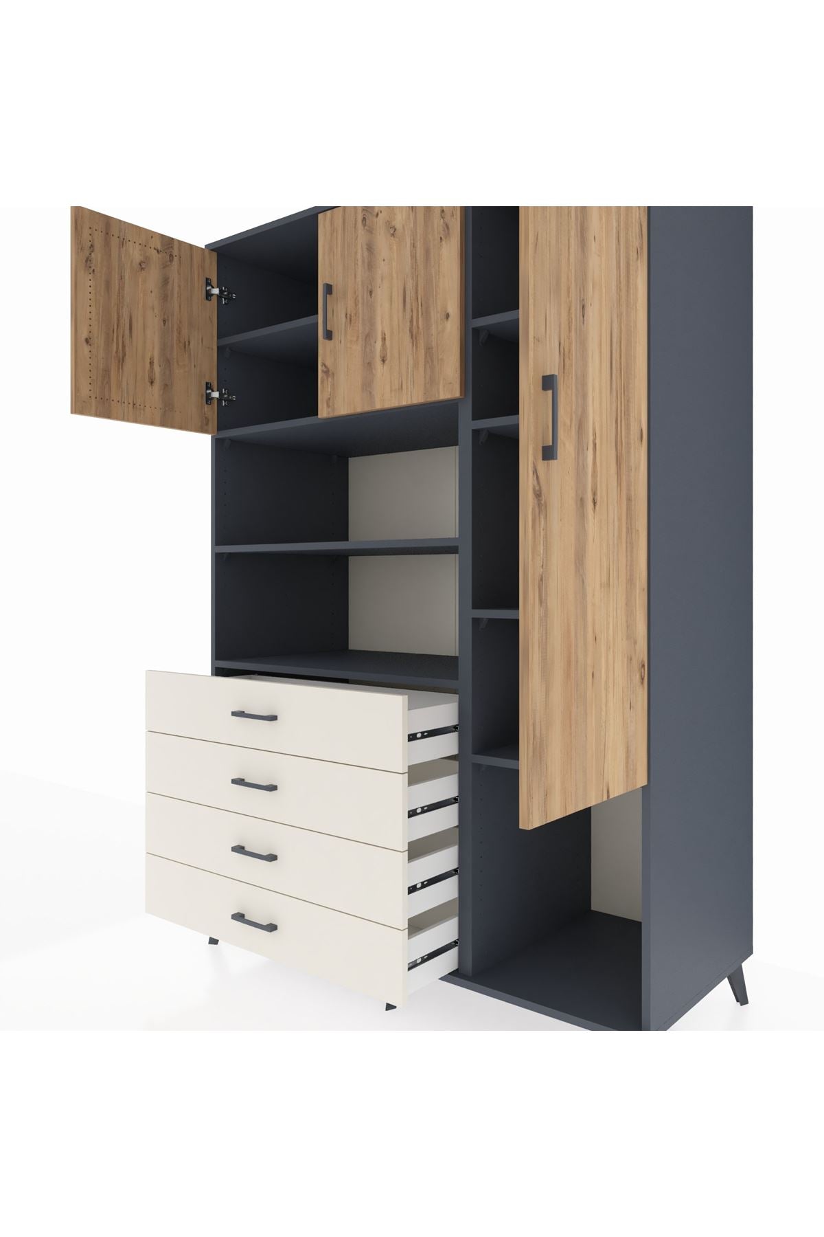 Kronos Dolap 8 Raflı 4 Çekmeceli 3 Kapaklı 132x59x195 Antrasit-Çam/Aytaşı