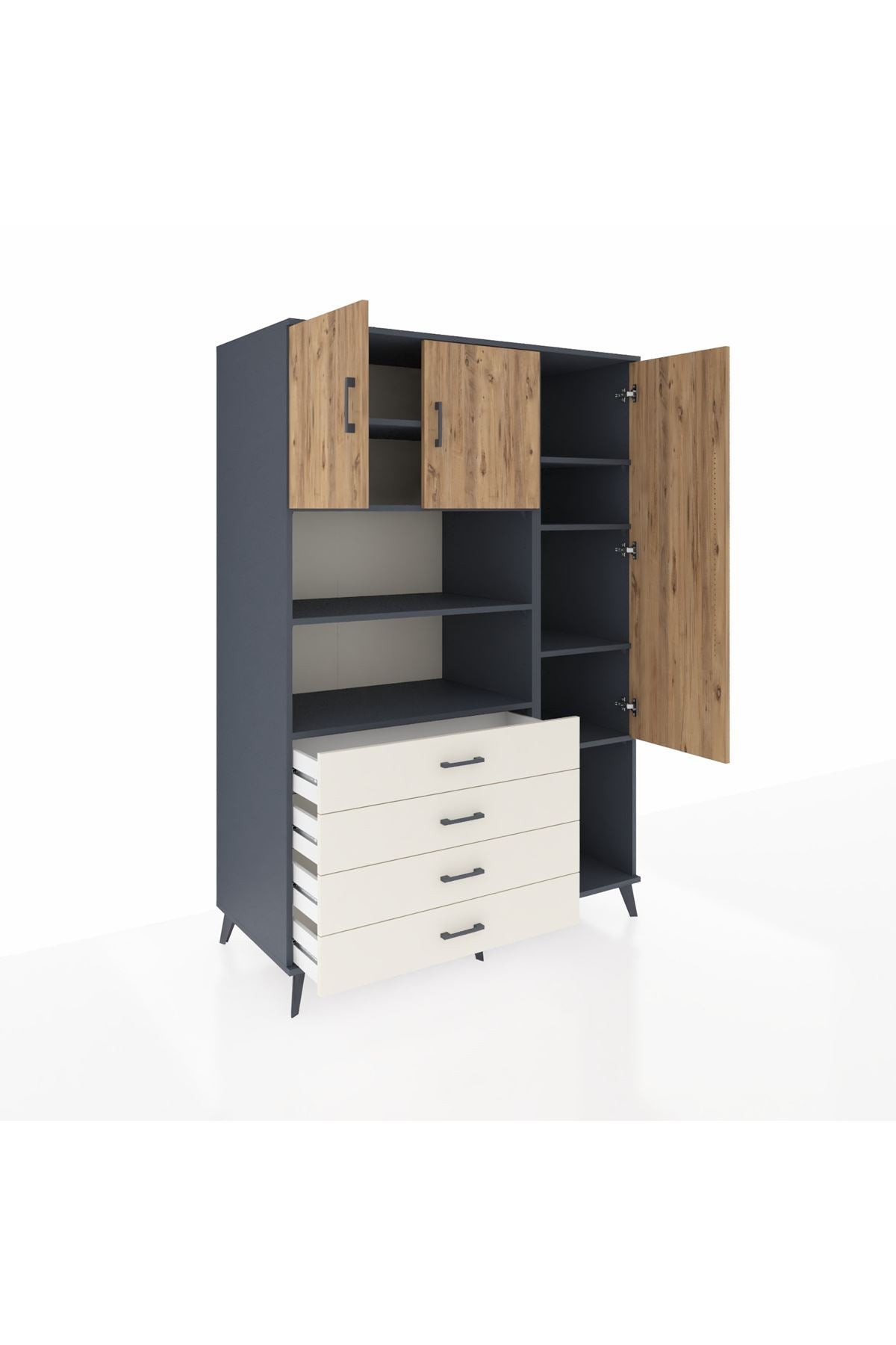 Kronos Dolap 8 Raflı 4 Çekmeceli 3 Kapaklı 132x59x195 Antrasit-Çam/Aytaşı