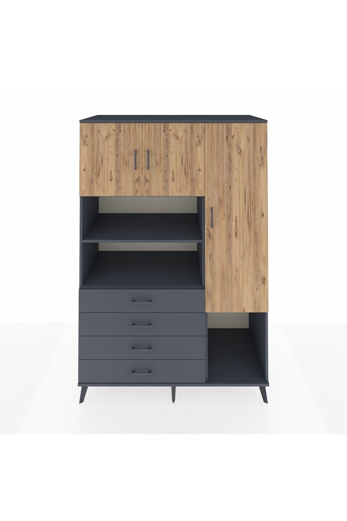 Kronos Dolap 8 Raflı 4 Çekmeceli 3 Kapaklı 132x59x195 Antrasit-Çam/Antrasit
